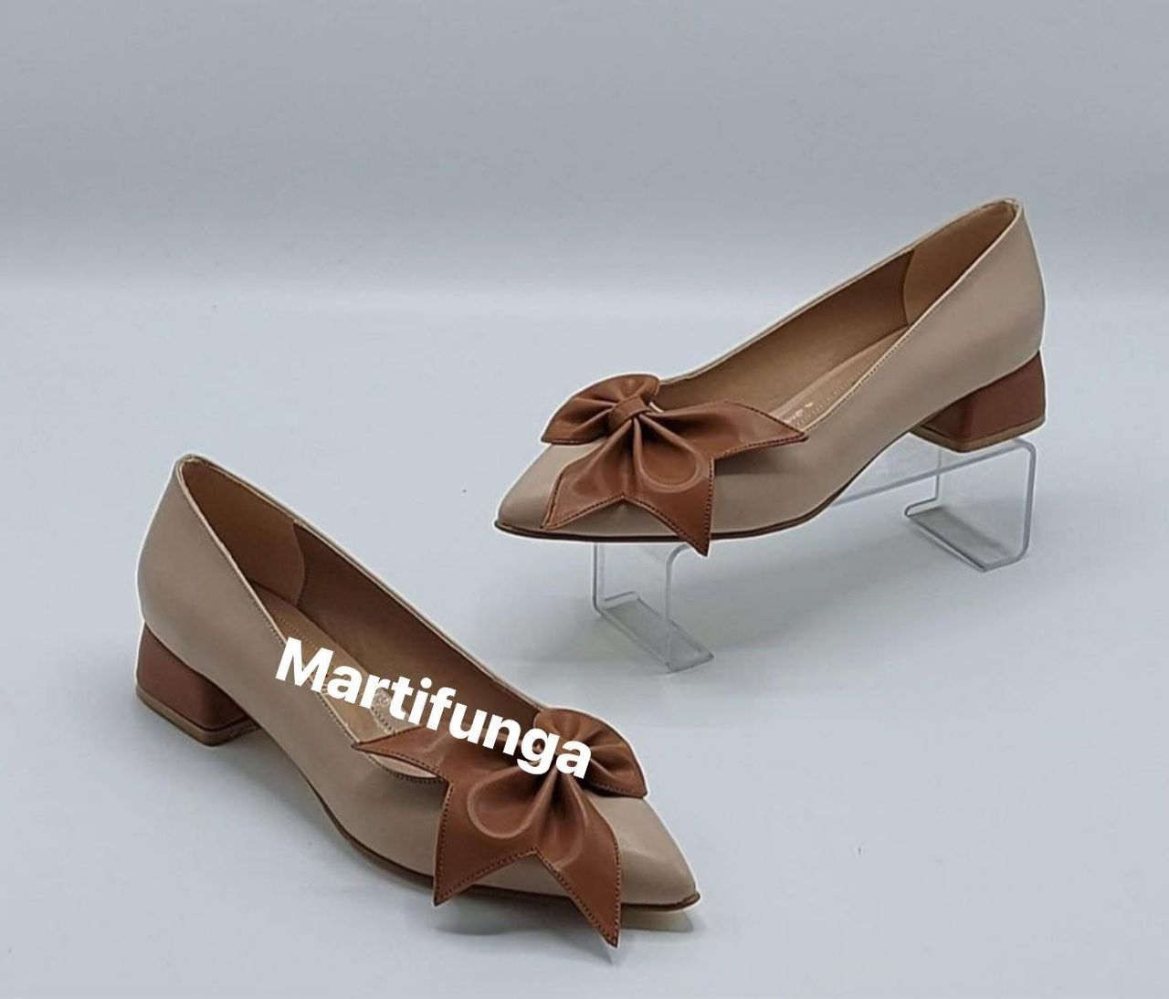 Beige Bow Detail Block Heel Pumps