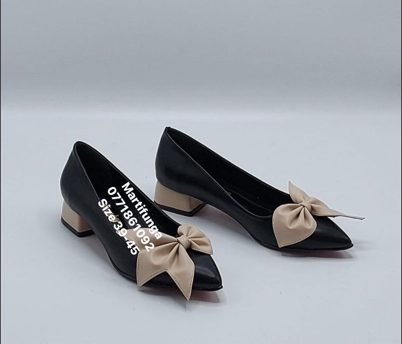 Black & Beige Bow Block Heel Pumps
