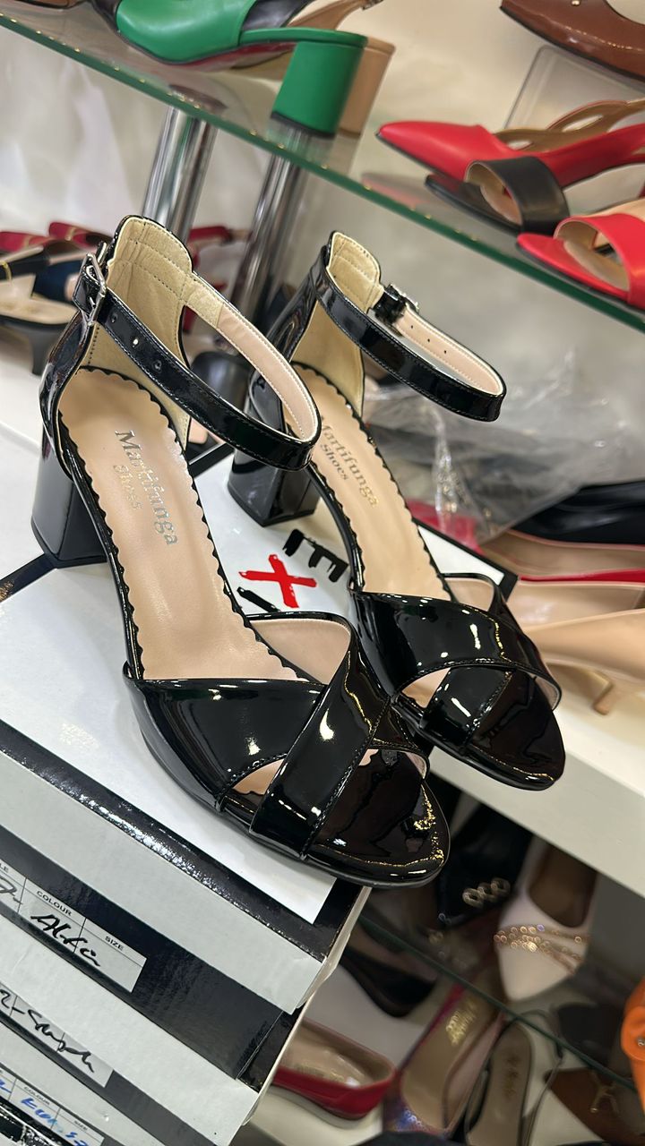 Black Patent Cross-Strap Block Sandals