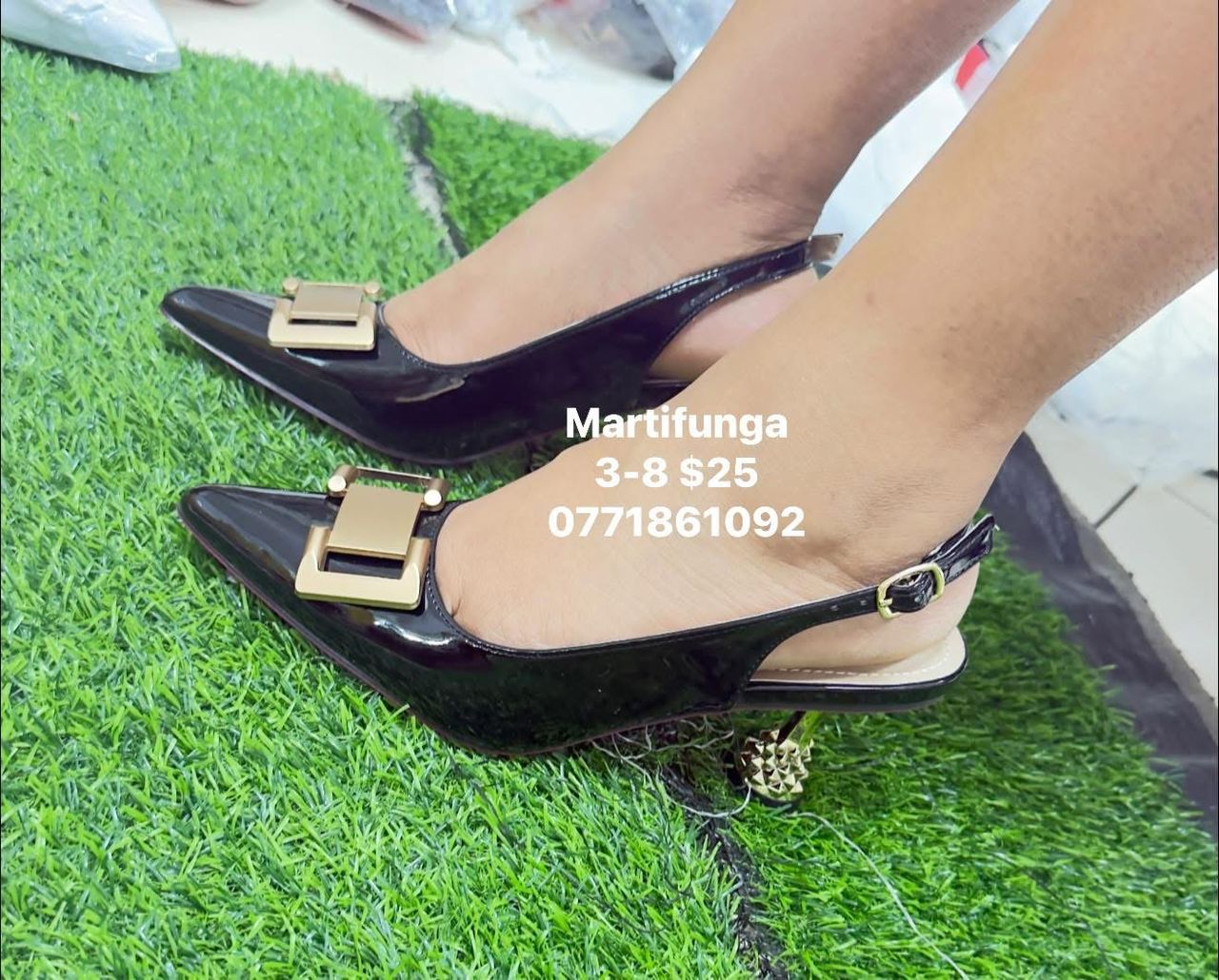 Black Patent Gold Buckle Pineapple Heel Slingback