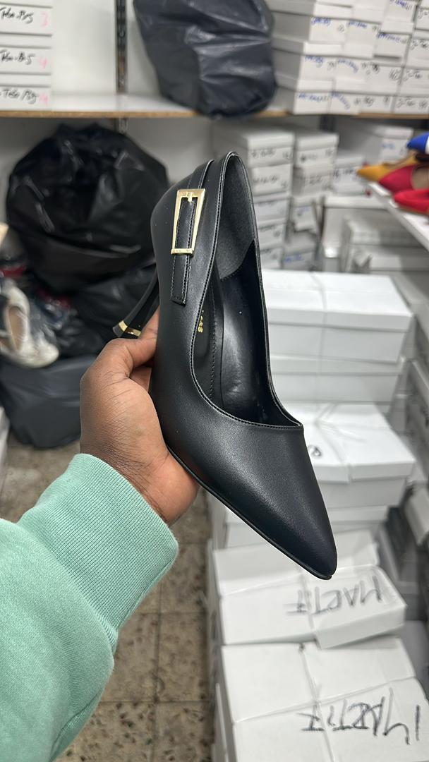 Black Patent Gold Buckle Pumps