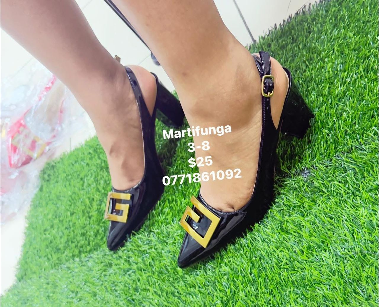 Black Patent Gold G Buckle Slingback