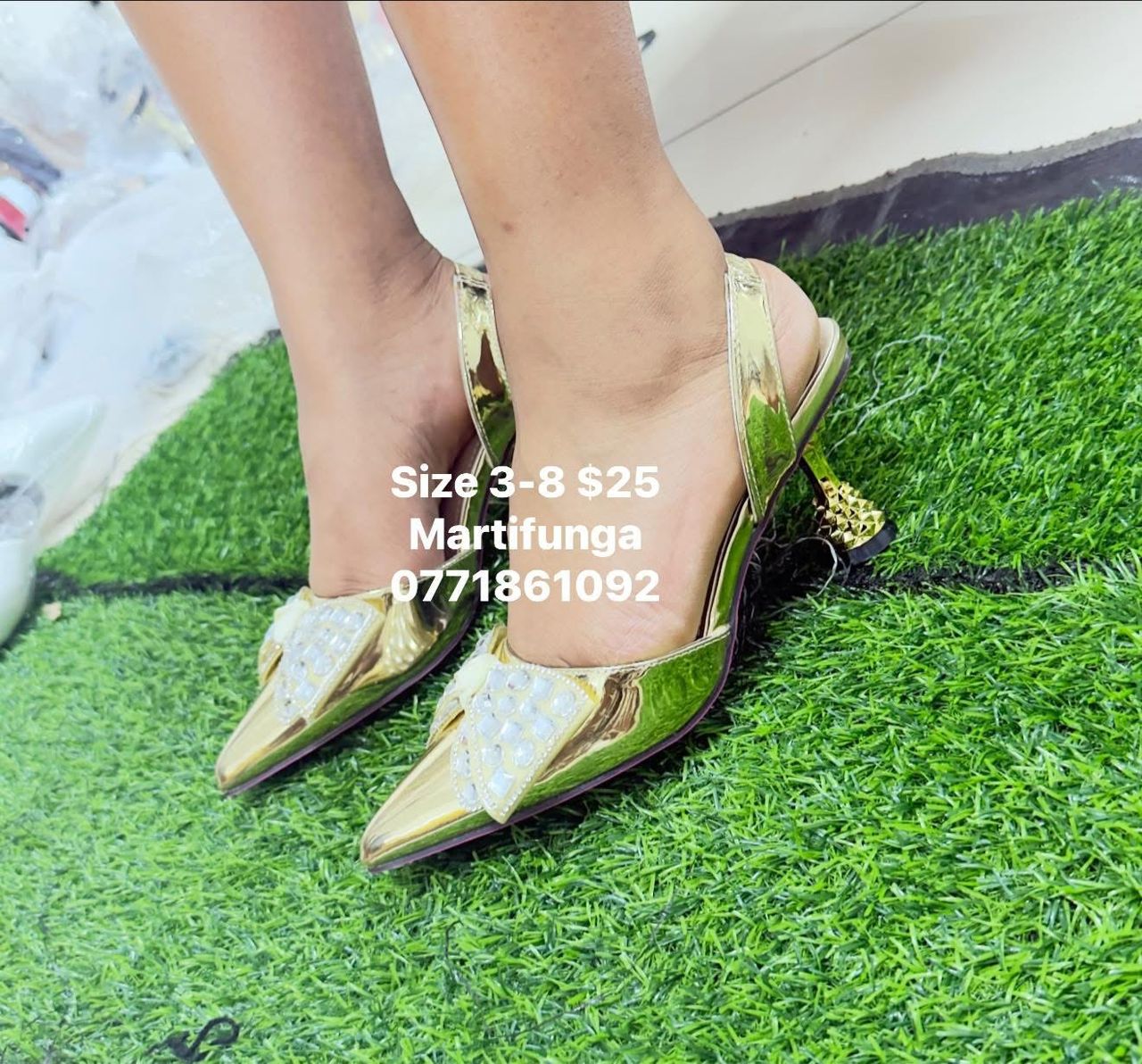 Gold Metallic Pearl Bow Slingback Flats