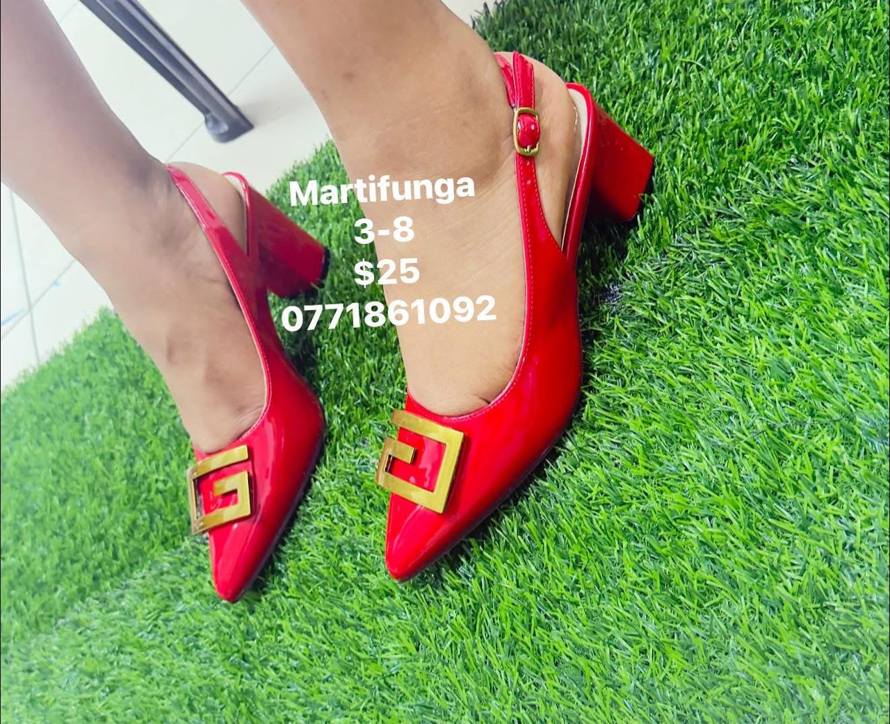 Red Patent Gold G Buckle Slingback
