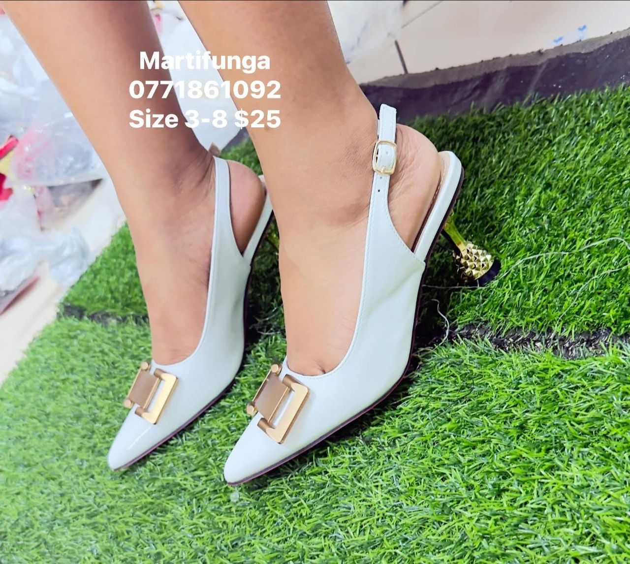 White Patent Gold Buckle Pineapple Heel Slingback