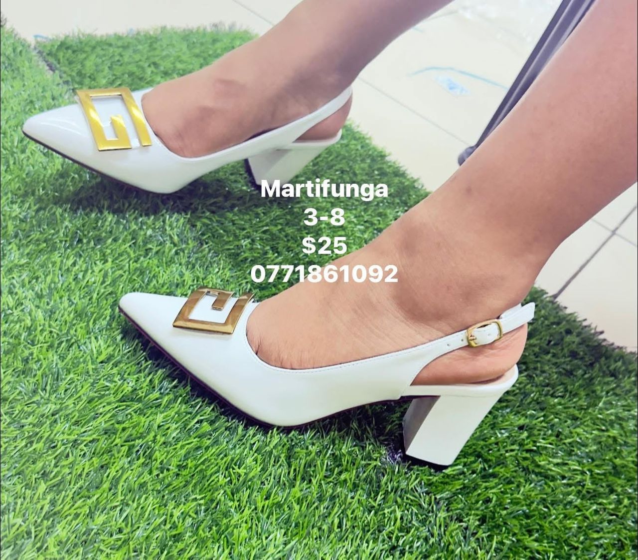 White Patent Gold G Buckle Slingback